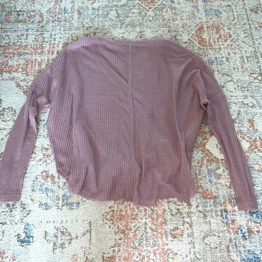 Womens Purple Waffle Knit Button Front Tie Waist Henley Long Sleeve Top Small - Picture 8 of 9